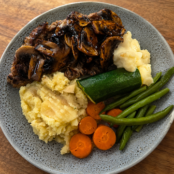 Scotch Fillet, Mushroom Sauce & Vegetables by Kate
