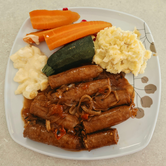 Sausages with Mash & Veggies by Kate